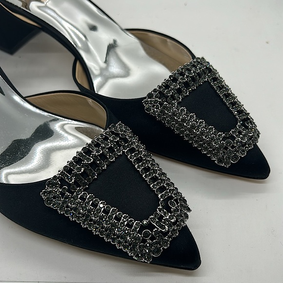 Badgley Mischka NIB “Emmie” Black Satin Crystal Buckle Slingback Sandals *Sz 9* - Picture 3 of 9